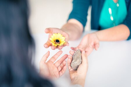 Zwei Paar Hände reichen sich eien Blume und einen Stein